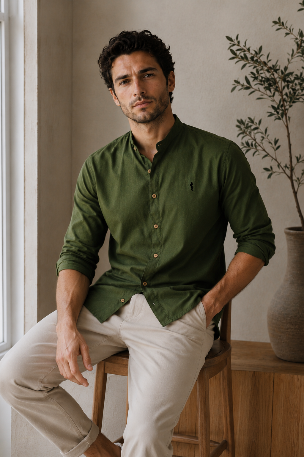 Camisa verde militar - Manga larga